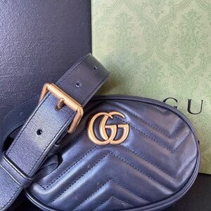 Gucci Marmont Quilted Black Belt Bag with Gold GG
